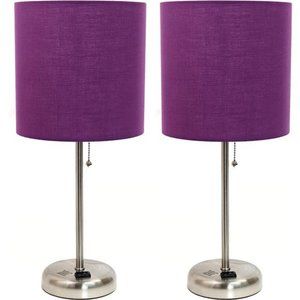 Brushed Steel Stick Lamp with Charging Outlet & Purple Fabric Shade 2Pack